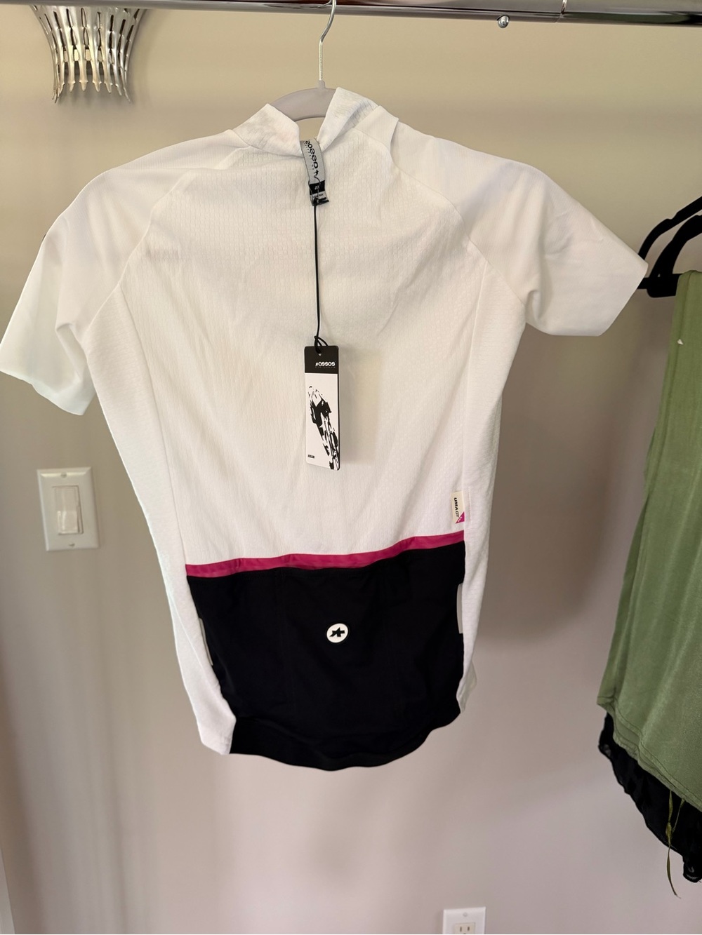 Assos Men's Short Sleeve Cycling Jersey in White with Black & Pink